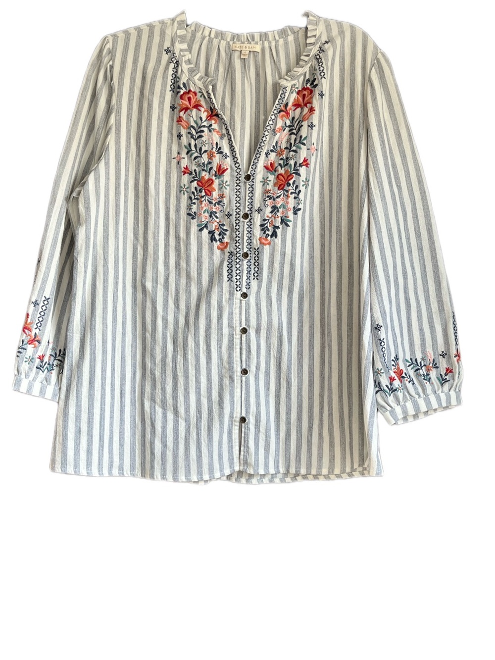 Kate & Sam Boho Embroidered Stripe Floral Peasant Blouse Tunic Top Size L